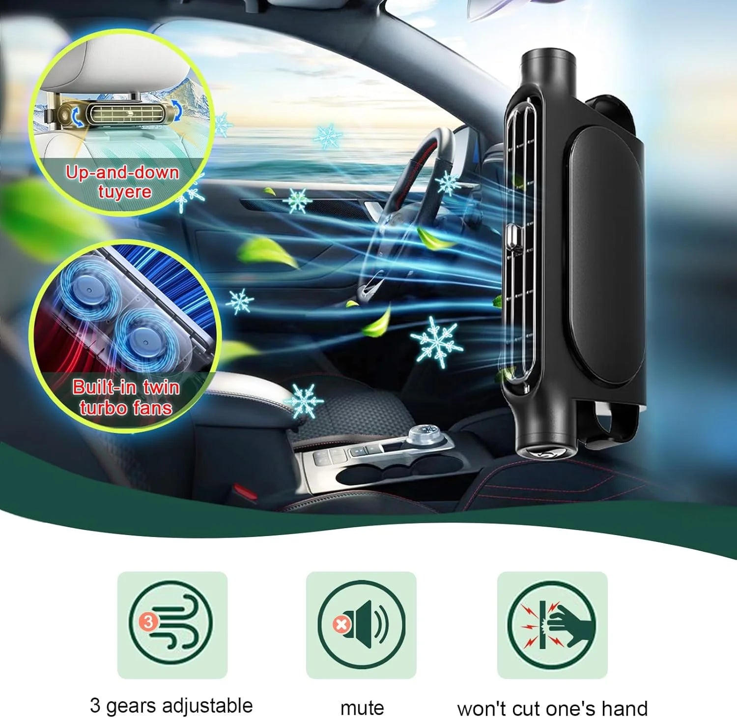 Car Seat Cooling Fan, 5V USB Powered Headrest Fan with 3 Adjustable Speeds, Portable Backseat Air Vent Cooler for Front and Rear Seats, Clip-On Auto Cooling Fan for Cars, SUVs, Trucks, Summer Travel and Interior Accessories