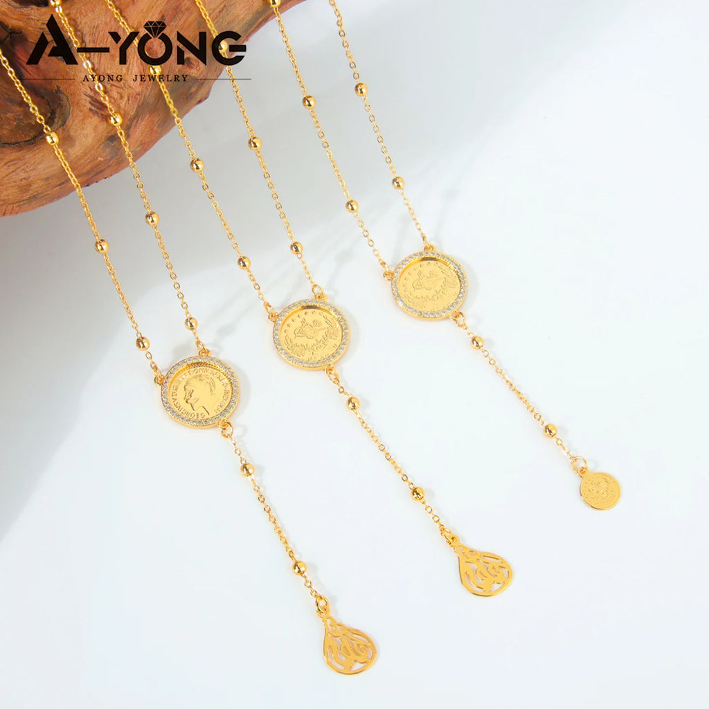 Italian Fashion Zirconia Necklace 21k Gold Plated Arabic Fashion Coins Pendant Chains Dubai Women Vintage Ayatul Kursi Jewelry