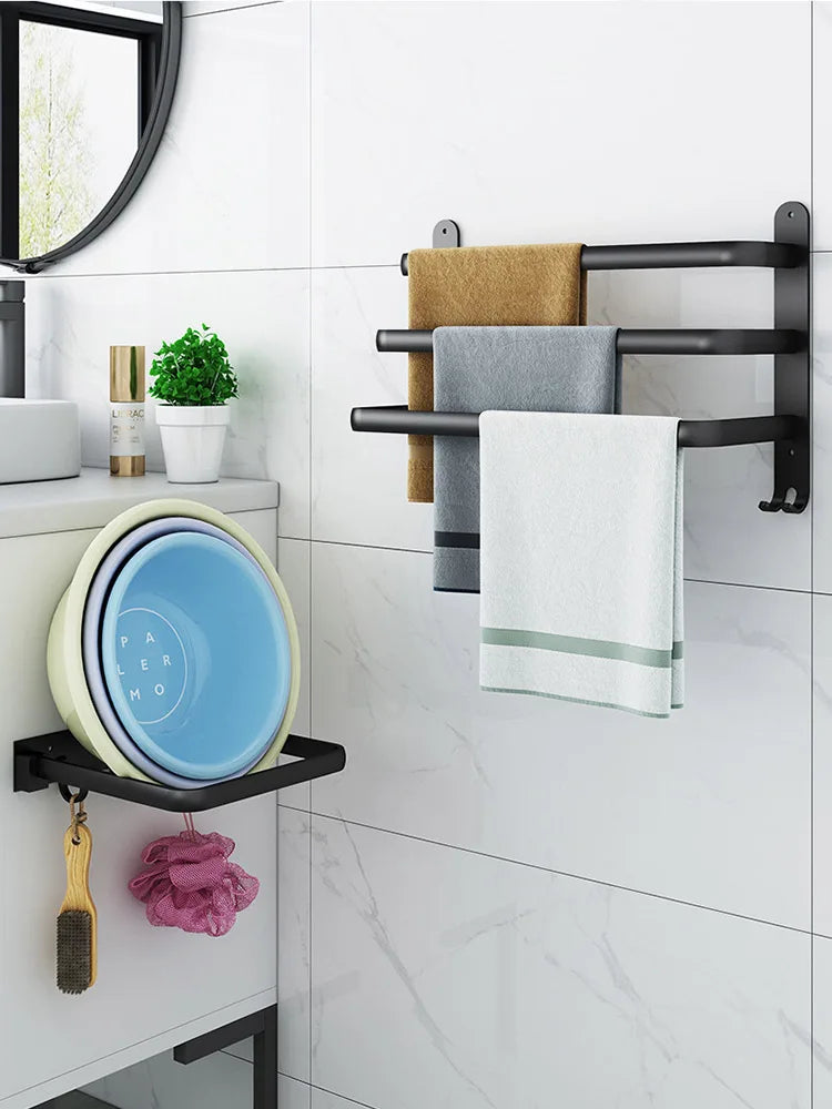 30-50CM Wall Mounted Towel Hanger Towel Rack Bathroom Accessories Aluminum Towel Bar Rail Matte Black Shower Towel Holder Hook
