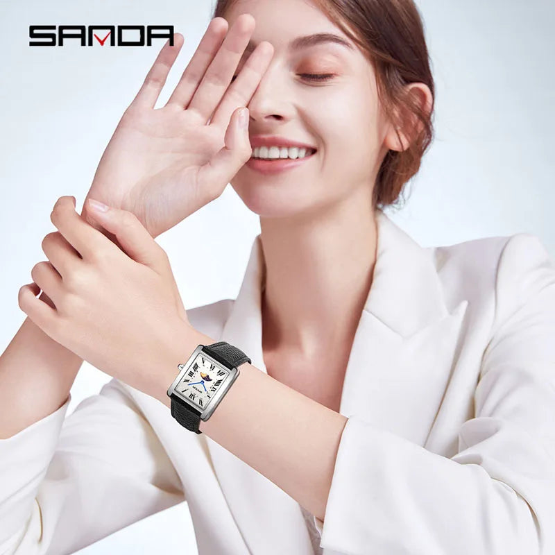 SANDA 9122 Elegant Women's Quartz Watch Classic Square Dial Moon Phase Waterproof Leather Strap Retro Business Watches for Woman