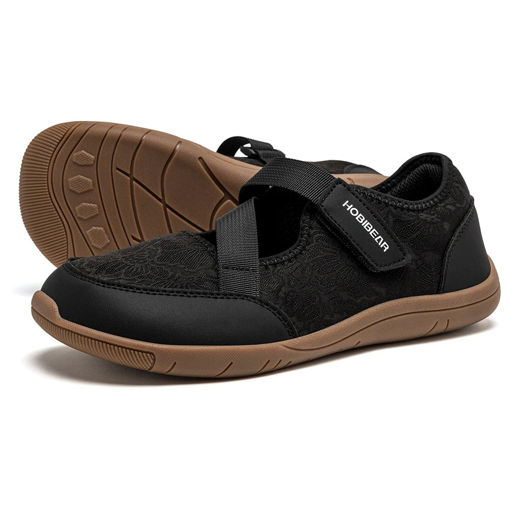 HOBIBEAR Wide Width Mary Jane Flats Women Barefoot Ballet Shoes Adjustable Hook Loop Lightweight Zero Drop Shoes