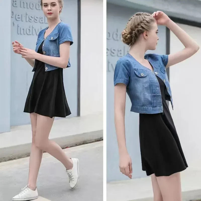 Lucyever Korena Veste Courte Y2K Femme Décontractée à Manches Courtes en Jean Blousons pour Femmes Été Fin Simple Boutonnage Jean Manteau