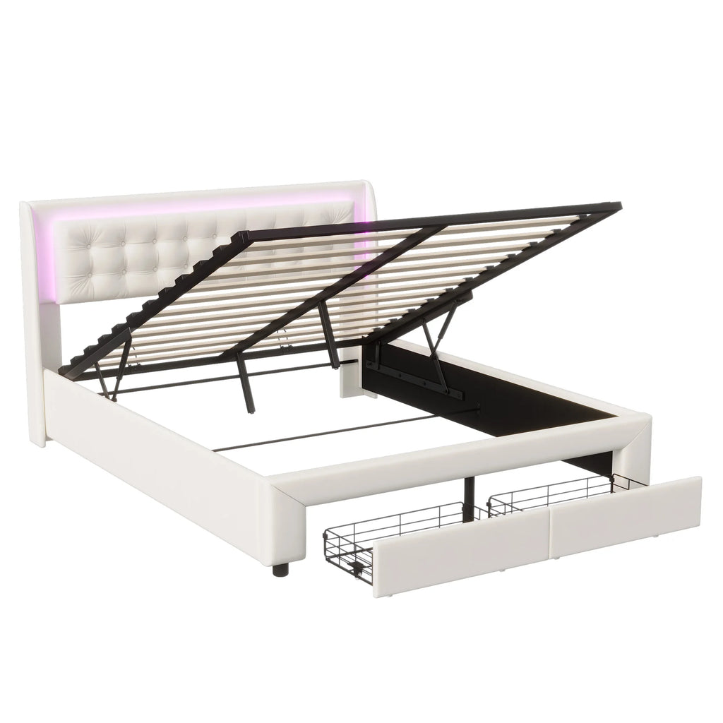 Lit double rembourré Anajqaqia 140x190 cm, lit de rangement hydraulique avec sommier à lattes, avec lumière LED et 2 tiroirs, velours, beige