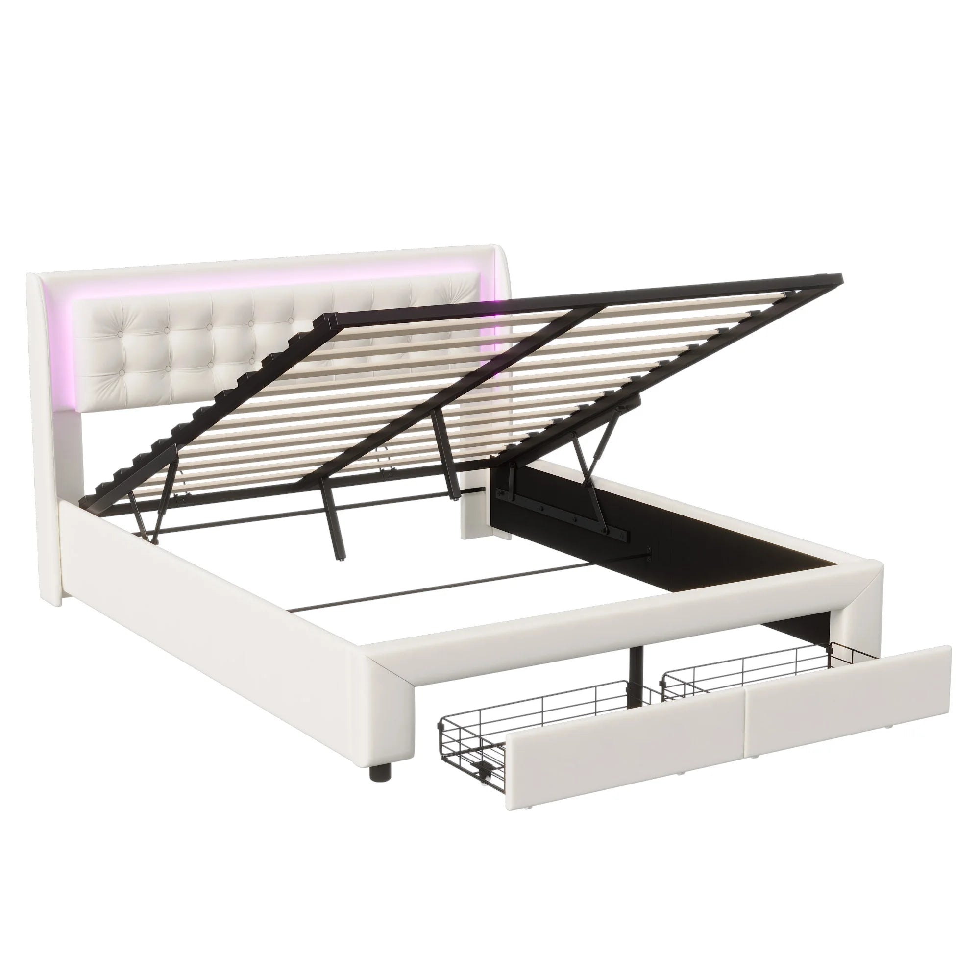 Lit double rembourré Anajqaqia 140x190 cm, lit de rangement hydraulique avec sommier à lattes, avec lumière LED et 2 tiroirs, velours, beige