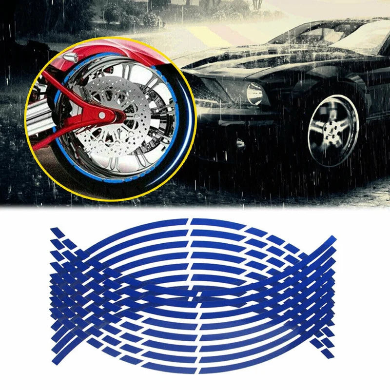16Pc Motorcycle Bike Car Tire Reflective Stickers Cool Styling Tyre Rim Trim Decal Strip Tape Red Blue Waterproof Exterior Parts