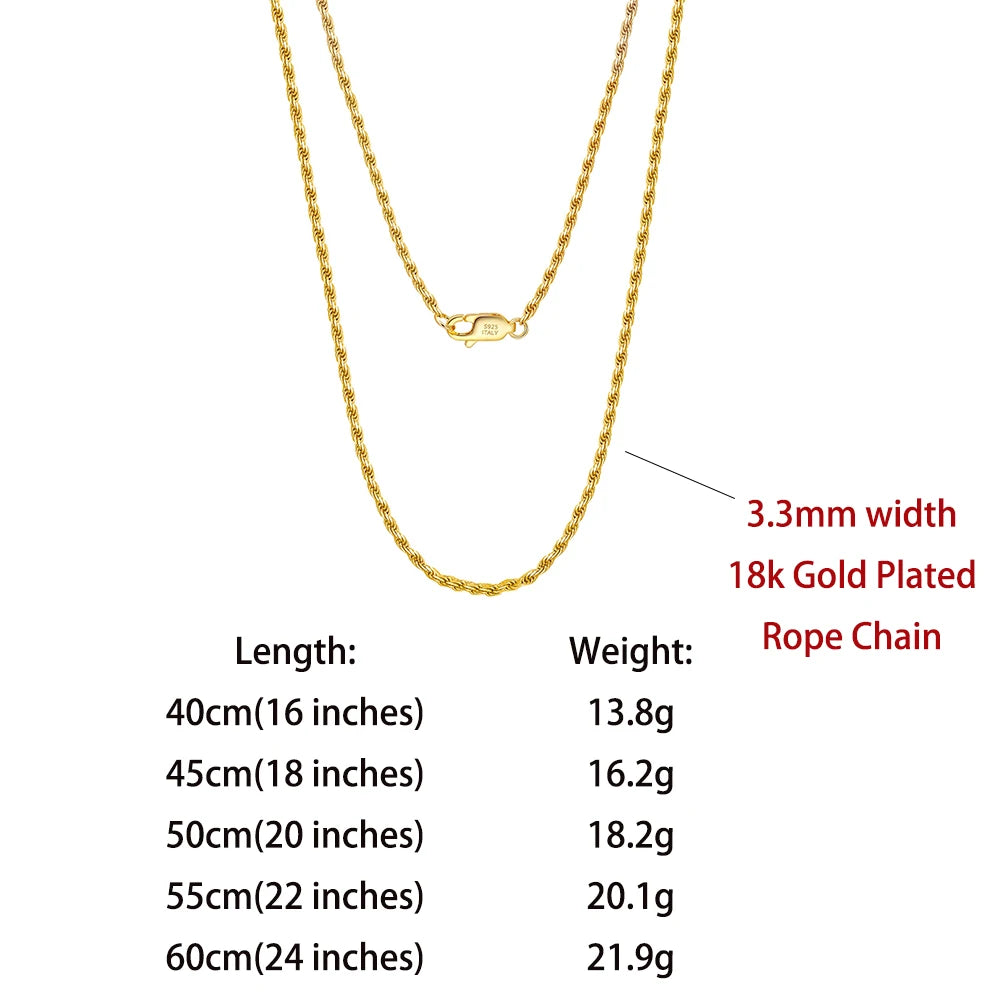 Rinntin 925 Sterling Silver Rope Chain 1.2MM 1.5MM 1.7MM 14k 18k Gold Plated Rope Chain Necklace Minimalism Jewelry Gift SC29