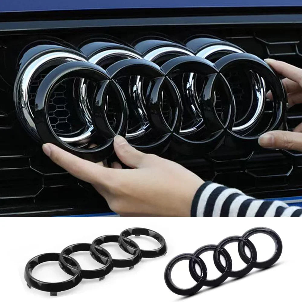 Audi black/silver four ring ABS front hood grille, rear luggage badge sticker, suitable for Audi A1 A3 A4 A5 A6 A7 A8 Q5 Q7 Q8