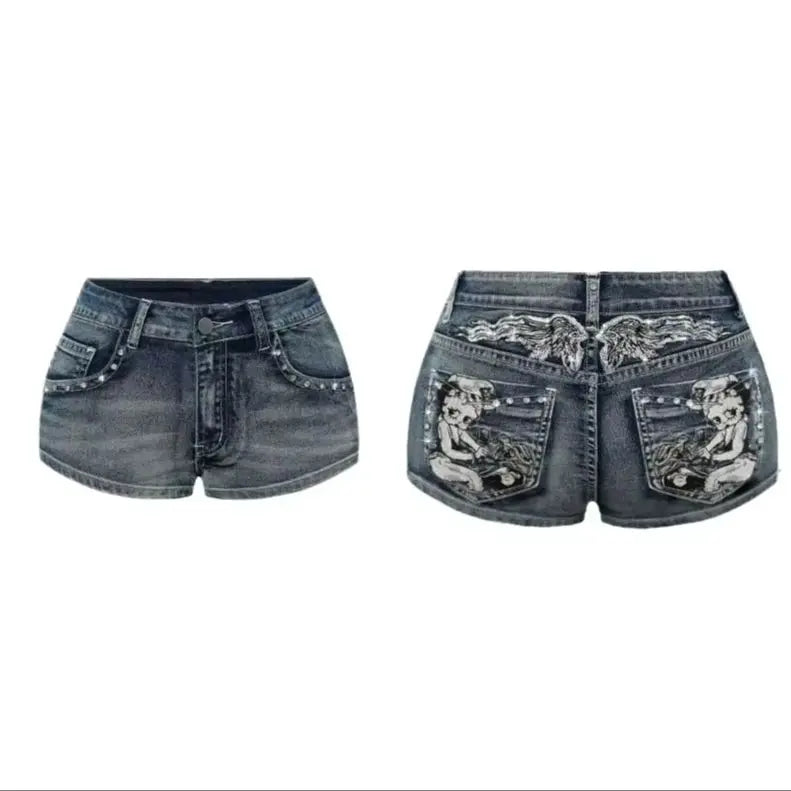 Women's Blue Denim Shorts Y2k Jeans Harajuku American Vintage High Waist Jorts Casual Jeans 2000s Embroidery Sexy Clothes Summer