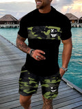 2026 Summer New Arrival Men's Casual Two-Piece Set Striped Print Short-Sleeve Shirt and Athletic Shorts Set Men's Fitness Set