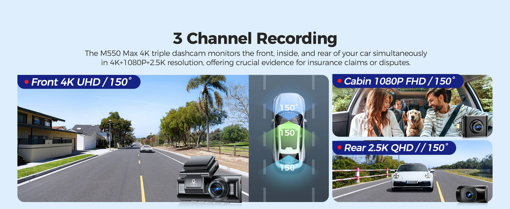 AZDOME 4K 3 Channel Dash Cam M550 Max Car Camera WiFi GPS Front and Rear Inside Recorder Car DVR IR Night Vision Parking Mode