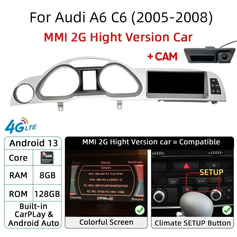 Android 14 8+128G Auto Radio CarPlay For Audi A6 C6 4f 2005 2006 2007 2008-2011 MMI 2G 3G Car Multimedia Player Stereo Wifi Navi