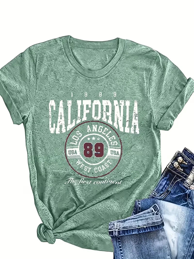 Col rond Manches courtes Style rétro américain Californie Los Angeles 89 Lettre Imprimé T-shirt Tenues décontractées pour femmes