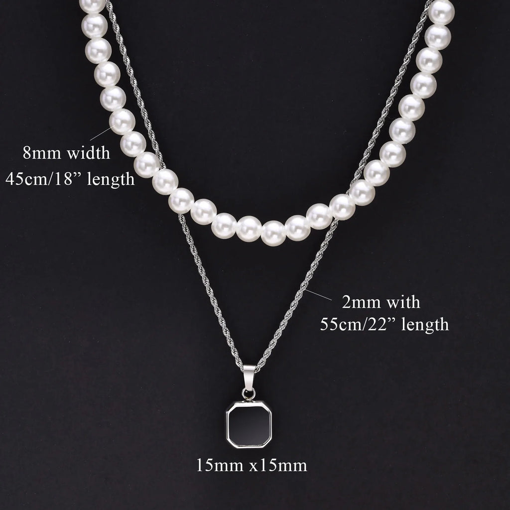 Vnox 2pcs Necklaces Set for Men, Geometric Square Pendant with 55cm Rope Box Cuban Chain, Simulated Pearl Chain Steel Collar