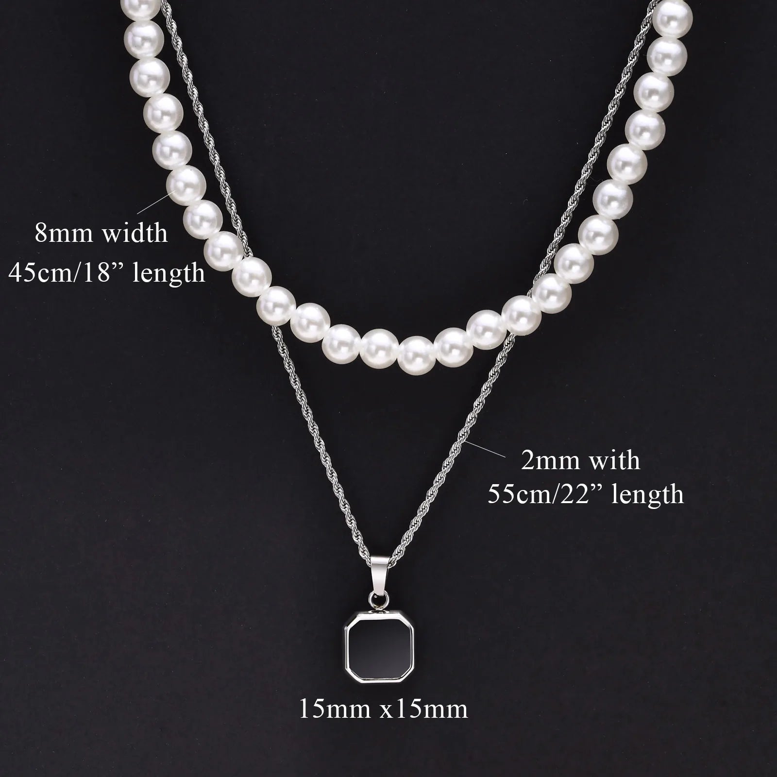Vnox 2pcs Necklaces Set for Men, Geometric Square Pendant with 55cm Rope Box Cuban Chain, Simulated Pearl Chain Steel Collar