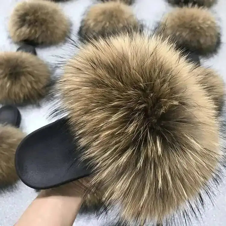 Real Raccoon Fur Slippers For Women 2023 Summer Fluffy Indoor House Fuzzy Flat Slides Outdoor Fashion Beach Sandals Flip Flops