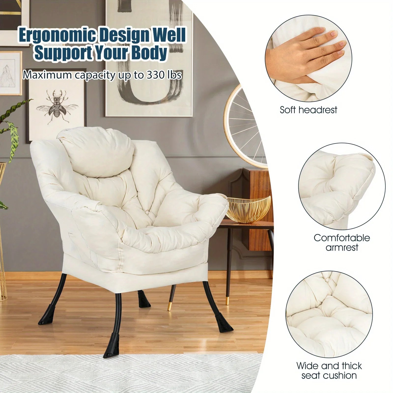 Costway Fauteuil paresseux moderne en tissu polyester, fauteuil simple avec poche latérale, beige