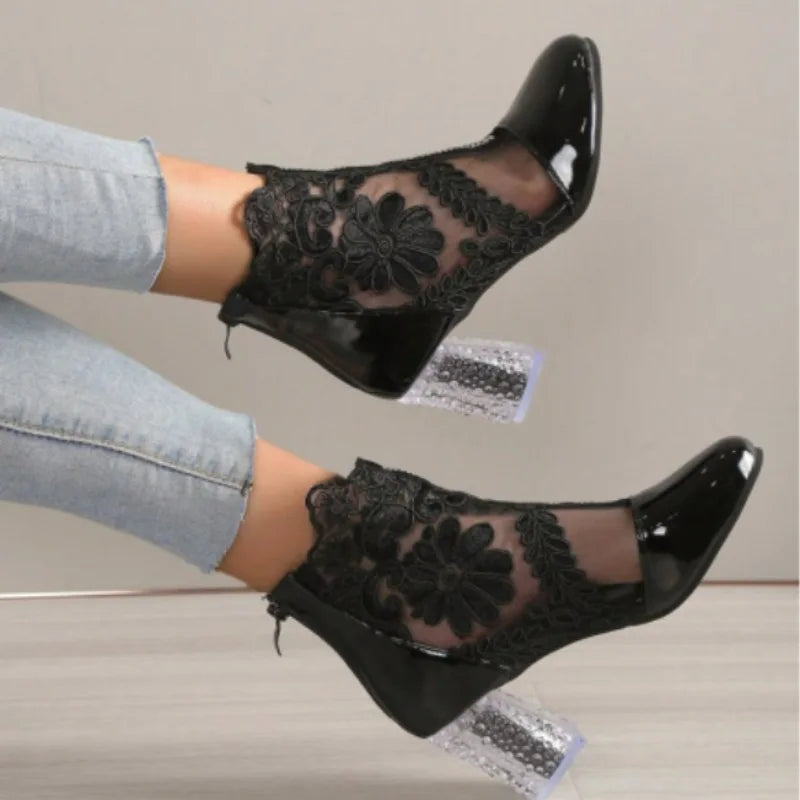 NEW Ethnic Style Women Retro Lace Embroider High Heels Ankle Boots Spring Autumn Round Toe Platform Cool Boot Thick Heeled Pumps