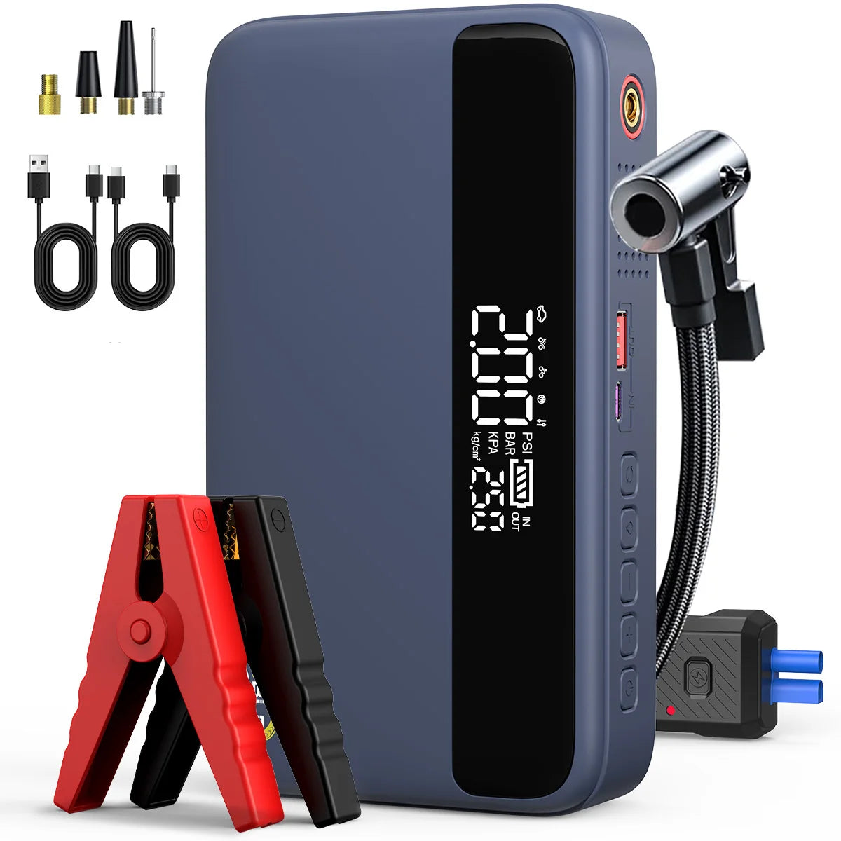 1500A car starter with air compressor, tire inflator without thread, battery booster with external battery pack and LED flashlights, 12V Automatic Start box for tous 10.0L petrol or diesel vehicles