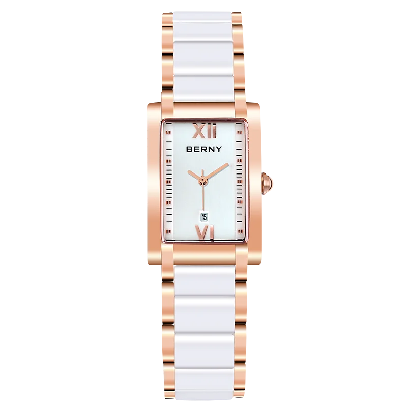 BERNY Women's Watches Calendar Date Elegant Classic Rectangle Ceramics Quartz Ladies Watch Luxury Fashion Women Wristwatch