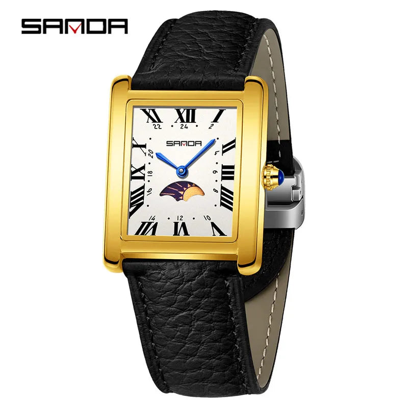 SANDA 9122 Elegant Women's Quartz Watch Classic Square Dial Moon Phase Waterproof Leather Strap Retro Business Watches for Woman