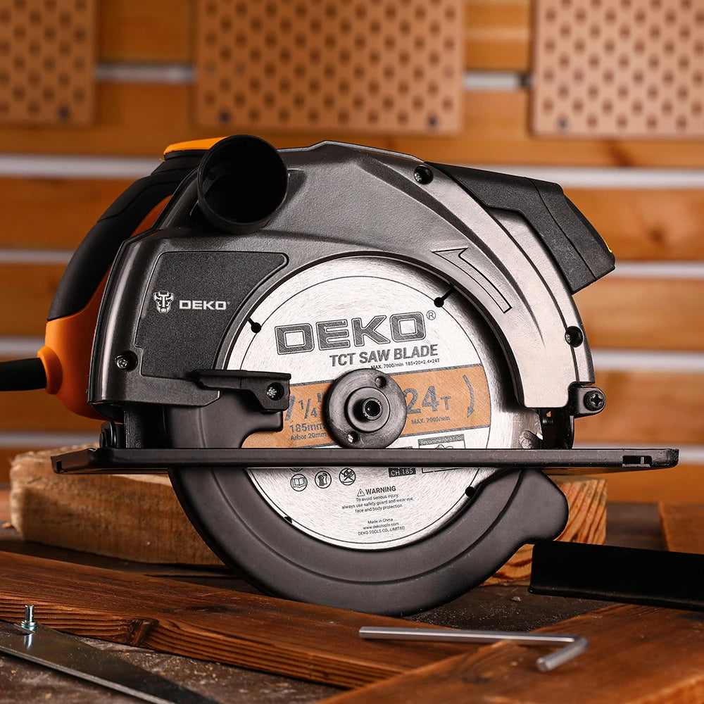 Scie circulaire électrique DEKO série DKCS 185 mm, machine de découpe multifonctionnelle avec poignée auxiliaire, outil électrique domestique 1200 W