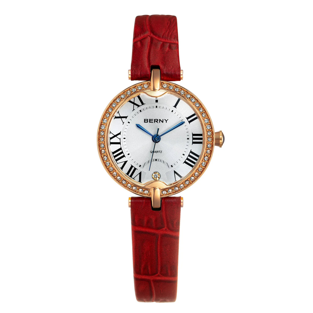 BERNY Women's Watches Luxury Slim Elegant Ladies Dress Quartz Watch Fashion Stones Domed Glass Girls Business Daily Wristwatch