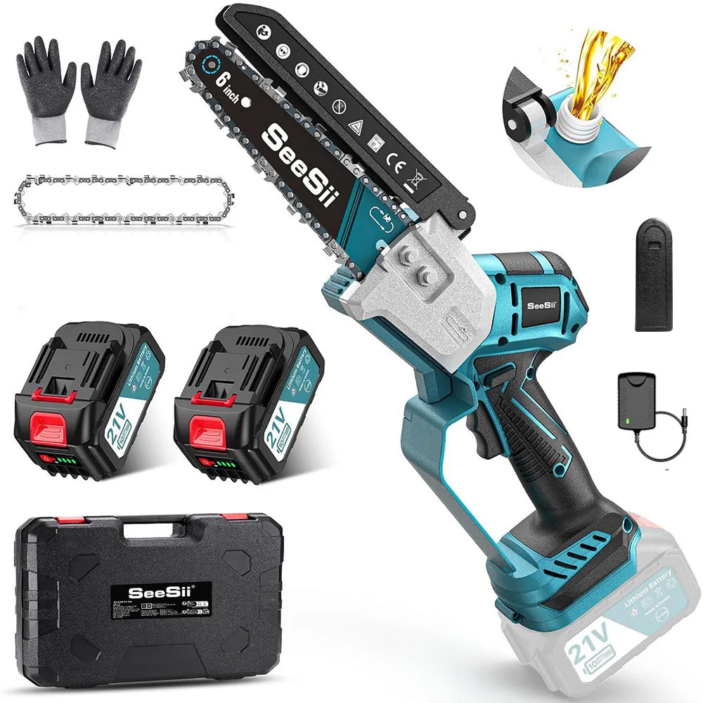 Mini Tronçonneuse Sans Fil Brushless Seesii 6'' Tronçonneuse Électrique Bois Jardin Élagage Tronçonneuse Électroportative avec Batterie Rechargeable pour Broches de Batterie Makita 18V