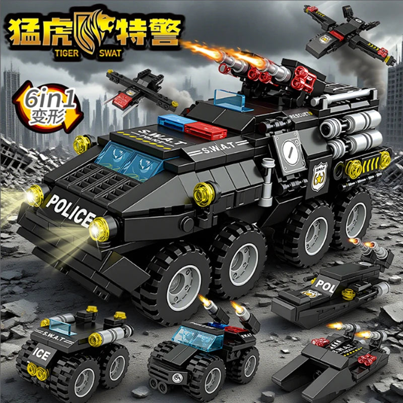 6 in 1 Military Building Blocks Tiger Police Car Armored Vehicle Aircraft Set Boys DIY Construction Toys Christmas Birthday Gift