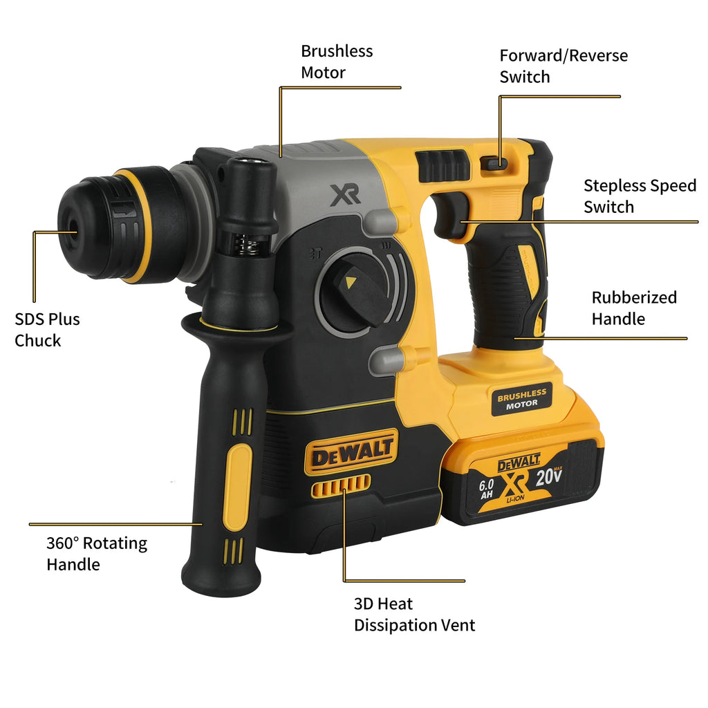 DEWALT DCH273 20V Brushless Rotary Hammer 2.1J Impact Energy 360° Handle 6.0Ah Battery for Concrete Brick Stone Drilling