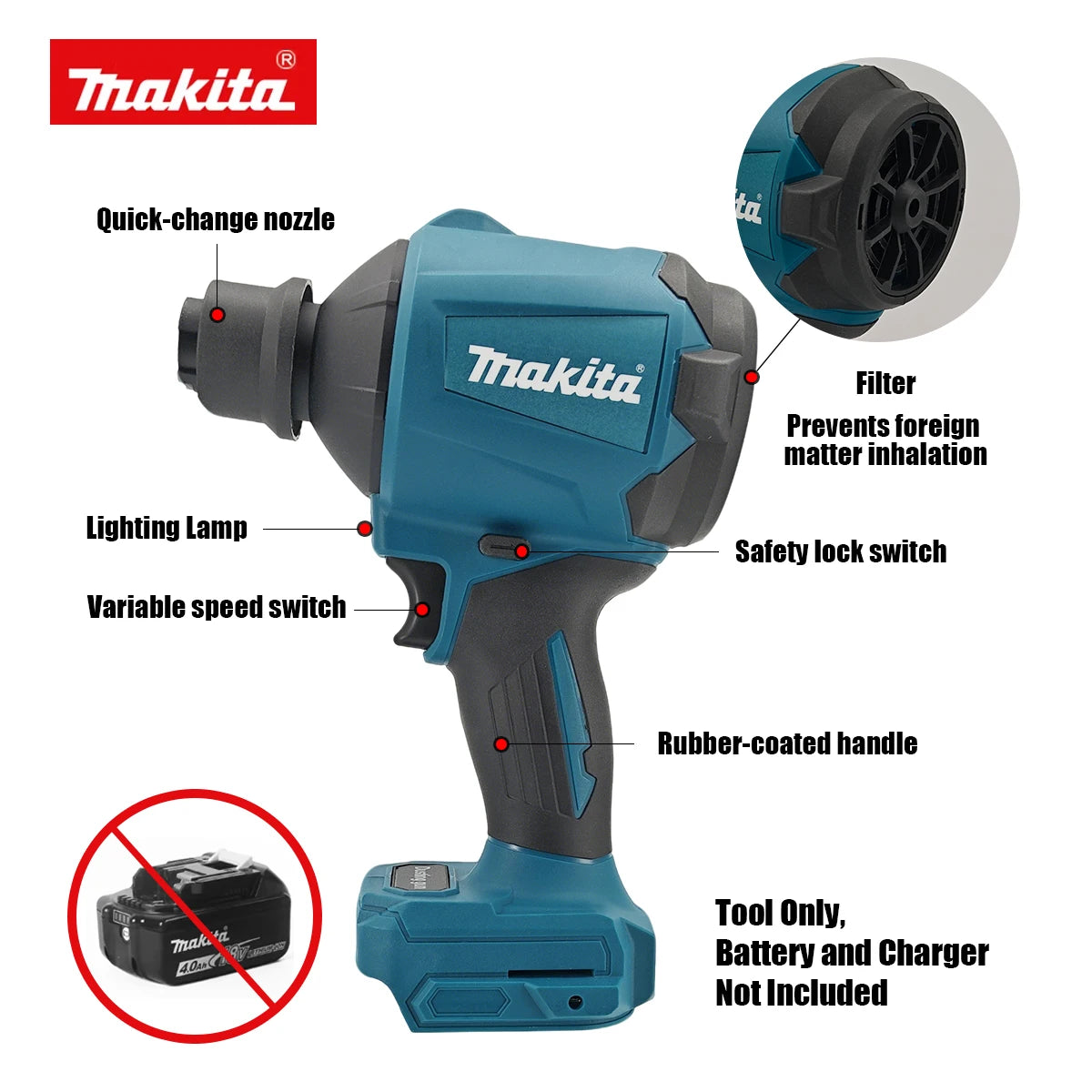 Makita DAS180 18V Cordless Air Blower Multifunction Dusting Machine with Nozzle Air Dust Removal Gun And Inflator Tool