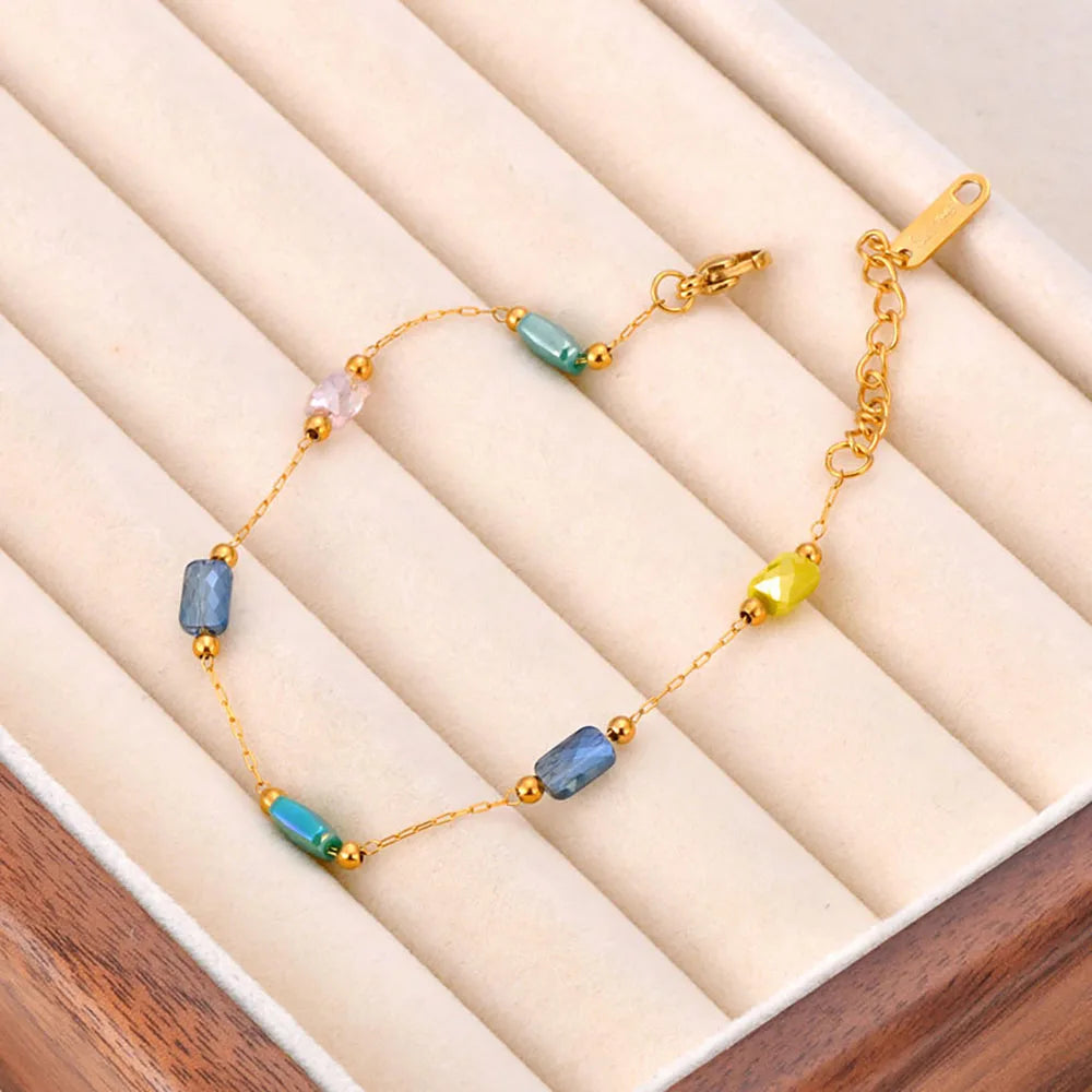 JeeMango Fashion Colorful Cubic Zirconia Stone Charm Bracelet Waterproof Stainless Steel Women's Hand Bracelets Jewelry JB24056