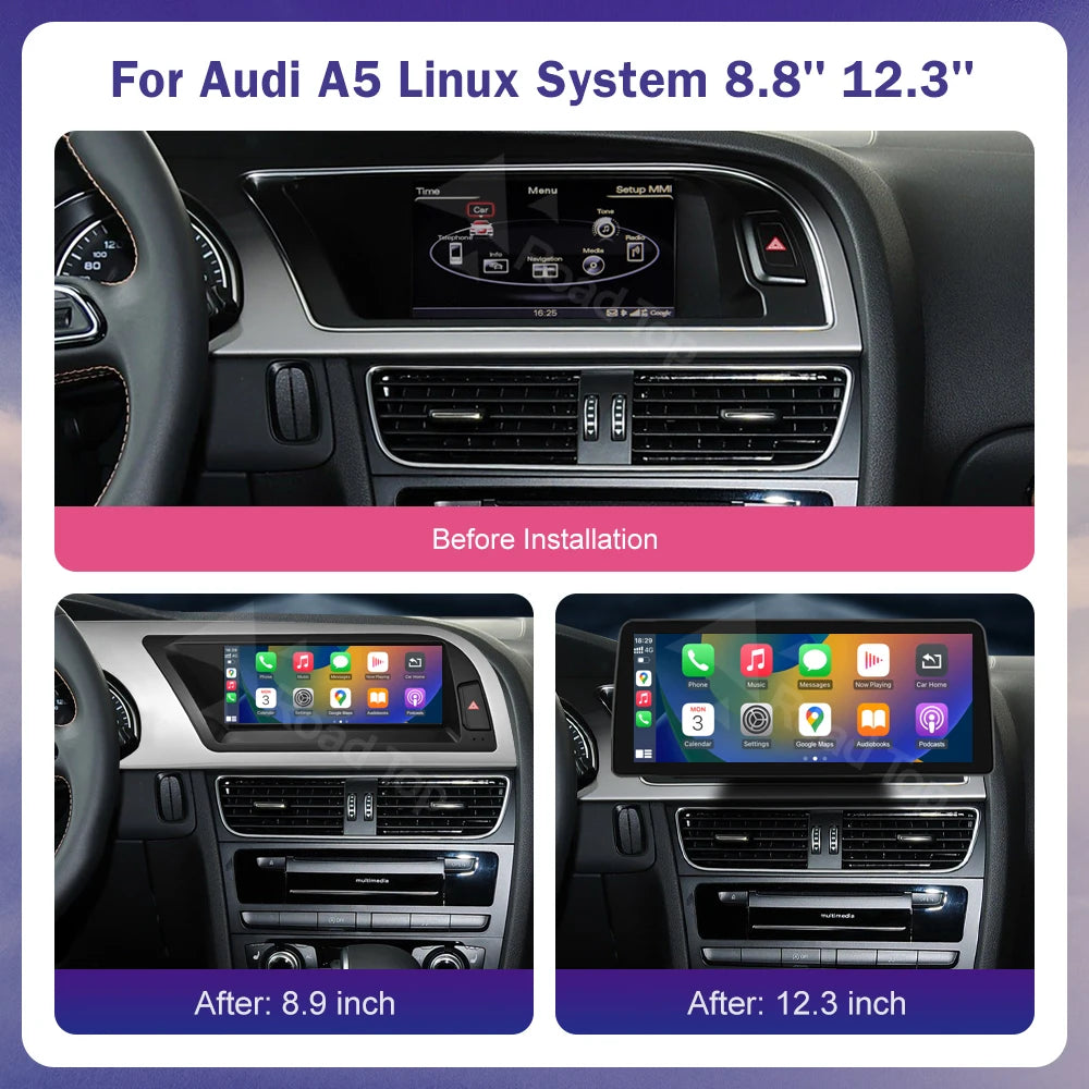 Linux 8.9/12.3inch Car Multimedia Touch Screen For Audi A5 2008-2016 with Wireless CarPlay Android Auto Airplay Function
