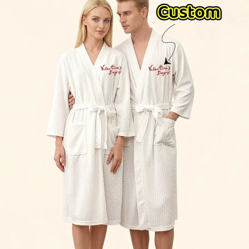 Custom Couple Bathrobe Embroidered with Names Logo Home Clothes Waffle Knit Bathrobe for Couples Hotel Spa Robe for Men Women