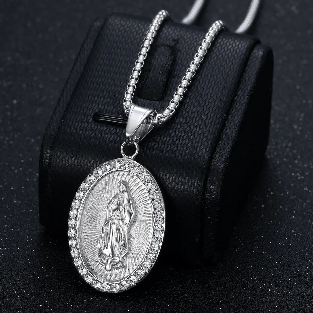 Virgin Mary Prayer Pendant Necklaces Gold color 316L Stainless Steel with rhinestone Women/Men Jewelry