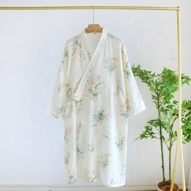 Cotton Fabric Bamboo Printed Sleepwear Bathrobes for Women Spring and Summer Double-layer Thin Home Clothing Pyjamas Robes