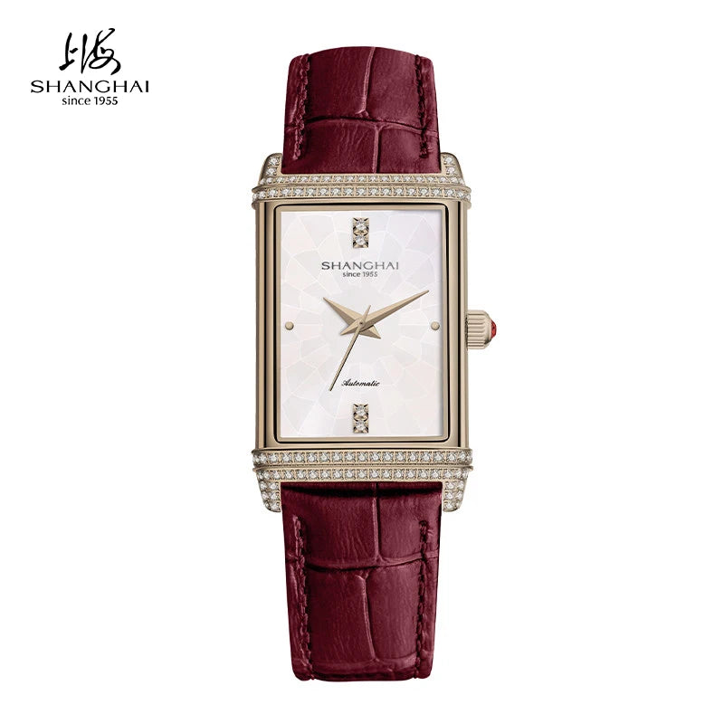 Shanghai Watches Vintage Women's Mechanical Watch 25x41 mm Rectangle Automatic Watch 3D Dial Sapphire Leather Fashion Watch 22MT