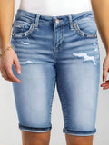 Short en jean décontracté pour femme avec poches, coupe ajustée, braguette boutonnée, motif uni, bermuda en jean pour le quotidien et l'extérieur