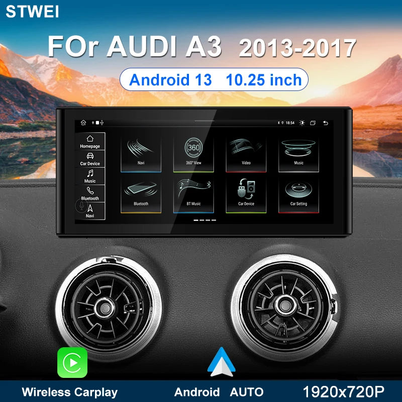 For Audi A3 2013 2014 2015 2016 2017-2020 10.25-inch car radio multimedia player Android 14 Wireless Carplay stereo DSP 4G WiFi