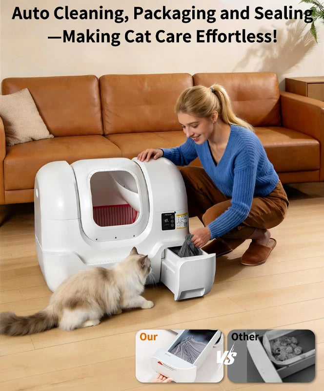 Smart clean cat litter box with automatic feeding, packaging, sealing and automatic bag changing functions