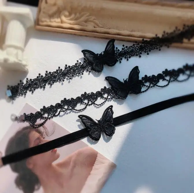 Black lace necklace with collarbone chain, exuding a super fairy temperament. Three dimensional butterfly choker necklace, handm