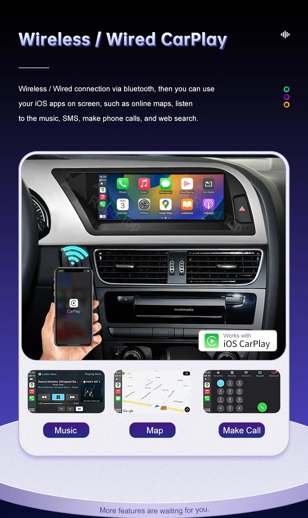 Linux 8.9/12.3inch Car Multimedia Touch Screen For Audi A5 2008-2016 with Wireless CarPlay Android Auto Airplay Function