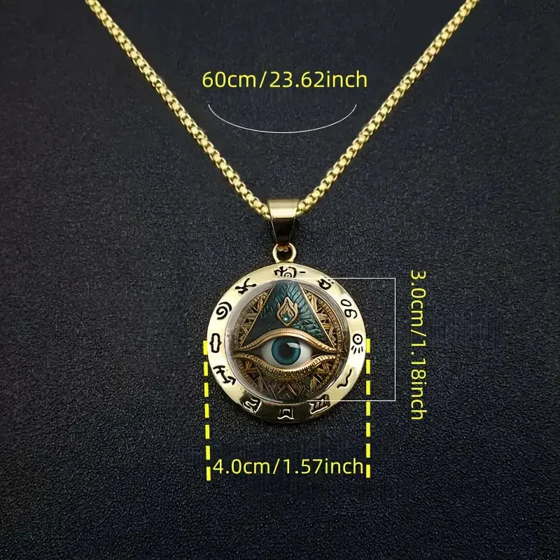 Ancient Egyptian Talisman: Eye Pattern Glass & Hieroglyphic Zinc Alloy Pendant, Artifact-Style Statement Necklace.