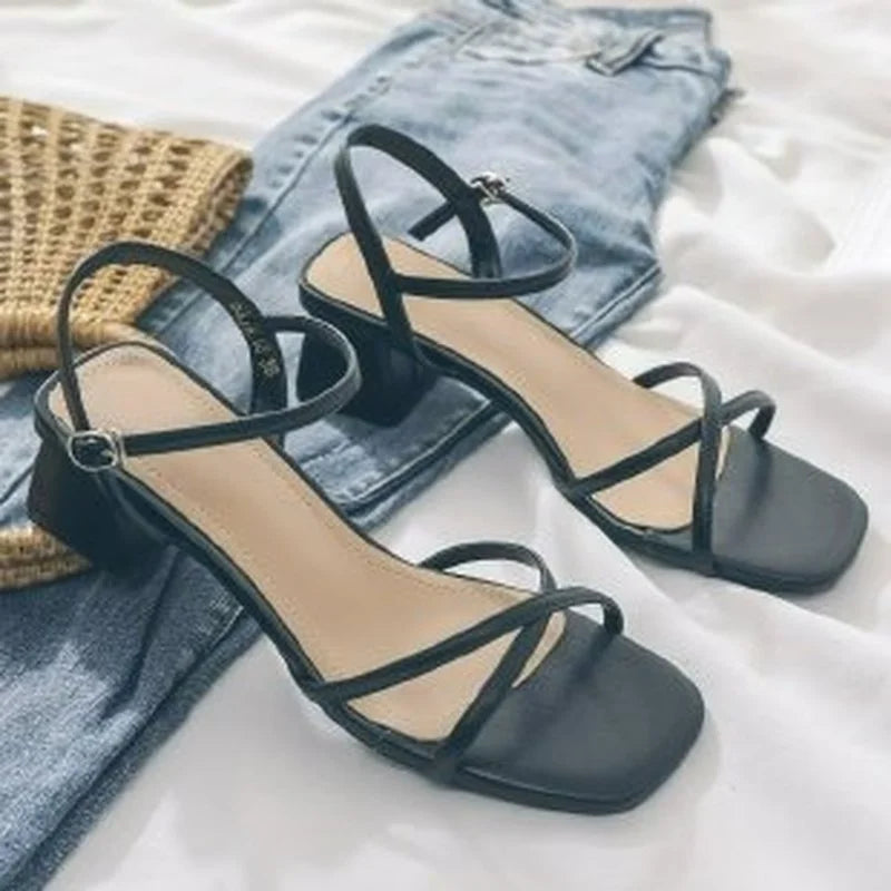 Comemore Comfortable 2023 Summer Block Heel Women's Sandals Girl Shoes Black Outer Wear Fashion Elegant Medium Heels Footwear 40
