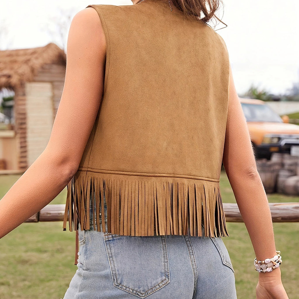 Women Aesthetic Faux Suede Ethnic Sleeveless Jackets Fringe Tassels Hippie Open Front Cardigan Vintage Cowgirl Waistcoat Vests