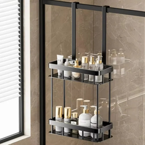 1 porte-serviettes de douche suspendu à 2 niveaux, organisateur de salle de bain à suspendre à la porte, sans perçage, étagère de rangement antirouille pour porte en verre, porte-articles de toilette