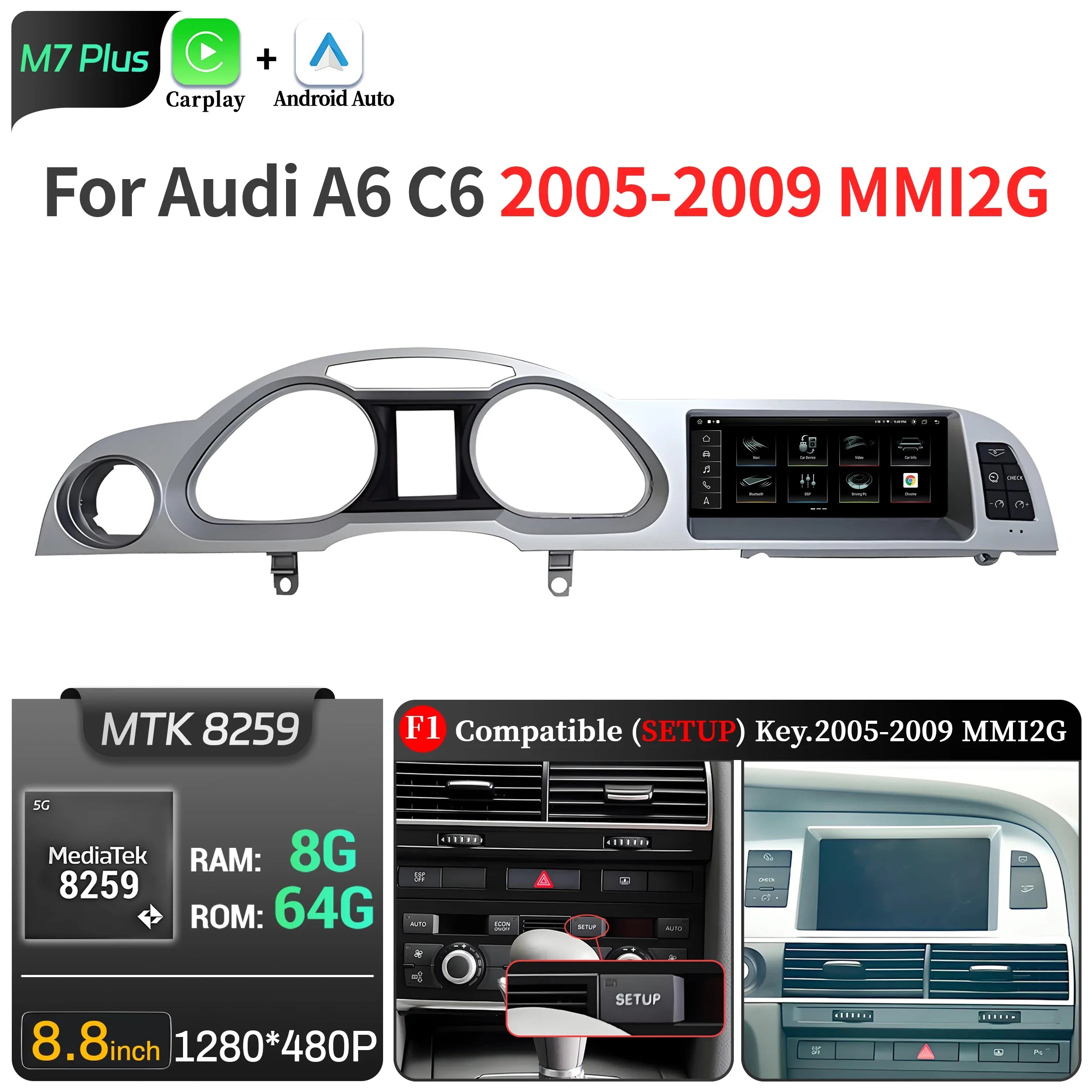 8.8 inch Left Hand Drive Android 14 For Audi A6 C6 2005-2011 Car Radio Wireless BT Carplay Qualcomm Snapdragon 680 Touch Screen
