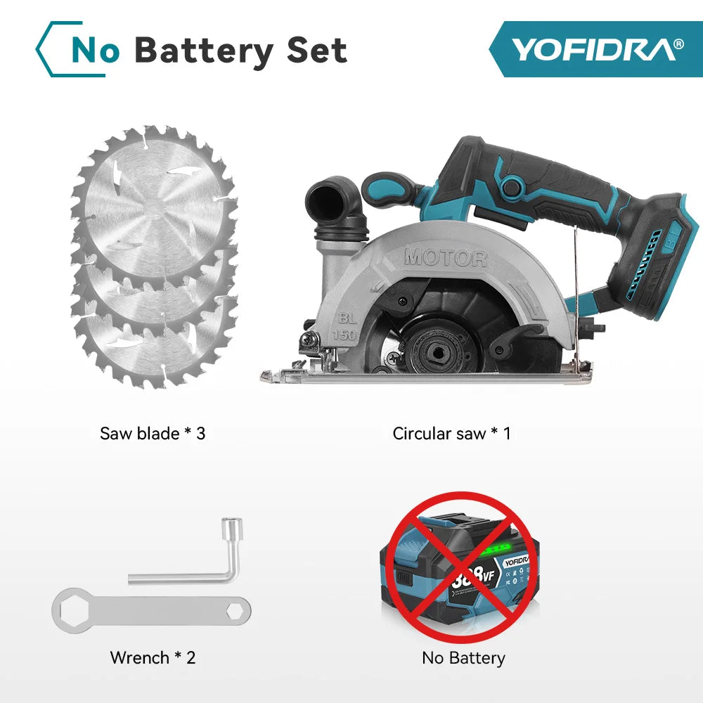 YOFIDRA Scie circulaire électrique sans balais 6 pouces, outil de coupe portatif pour bois et tuyaux en PVC avec profondeur de coupe de 55 mm, compatible batterie Makita