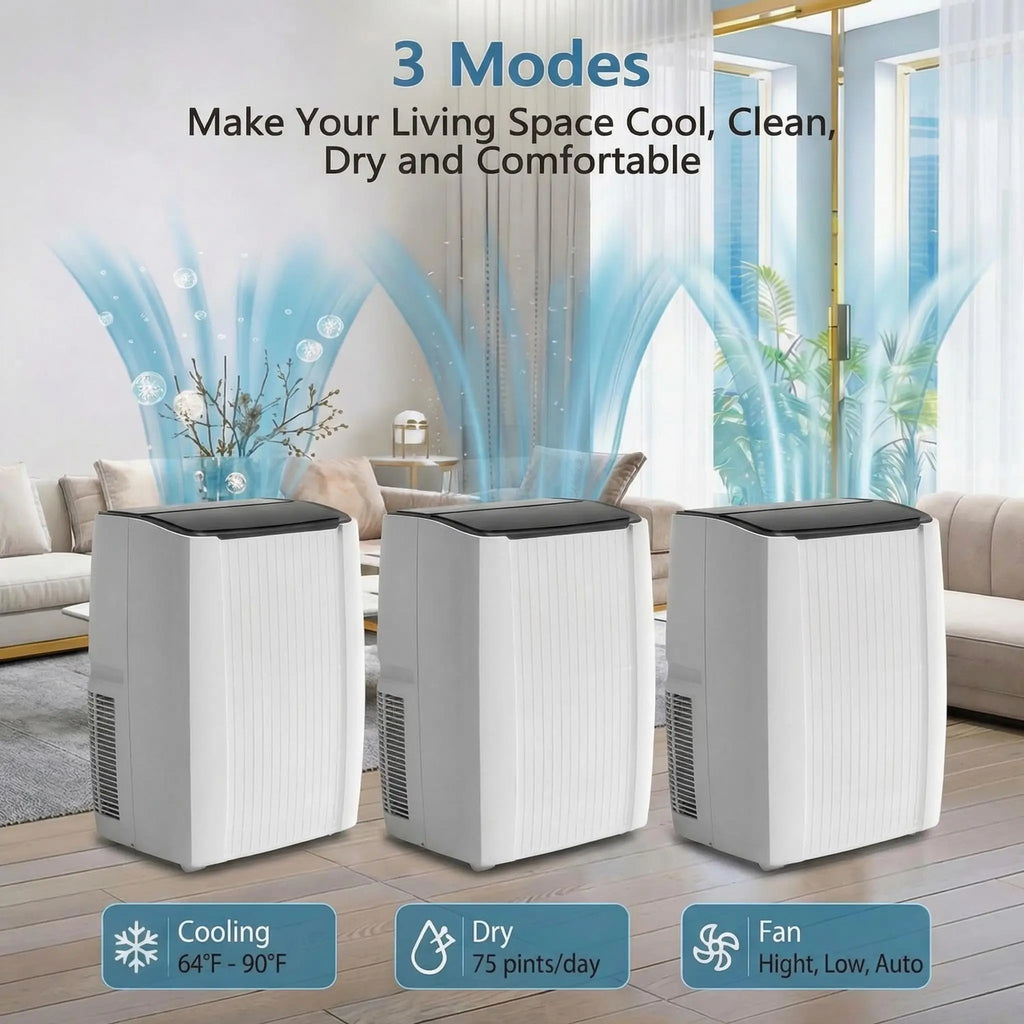 Climatiseur portable 14000 BTU, unité de climatisation 3 en 1 avec ventilateur, déshumidificateur et silencieux 48 dB, télécommande, rafraîchit jusqu'à 70 m², minuterie 24h, kits de fenêtre inclus pour chambre, bureau et dortoir