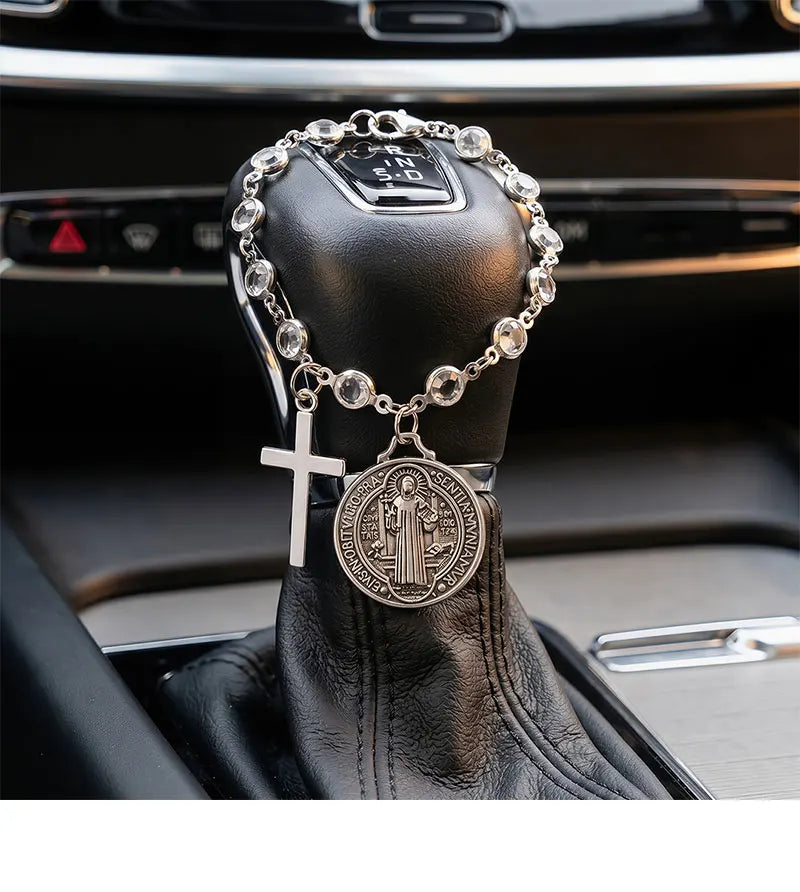 Catholic Protection Rosary Car Accessory St. Benedict Medal & Cross Pendant For Auto Interior Decor Religious Protection Pendant