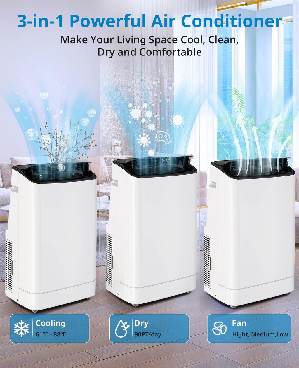Climatiseur portable 14000 BTU, ventilateur déshumidificateur 3-en-1, télécommande et kit de fixation fenêtre, économe en énergie pour la maison